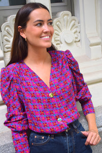 BLUSA FABIOLA - FLOR FUCSIA Y AZUL -