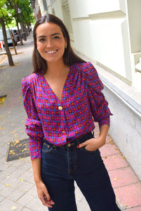 BLUSA FABIOLA - FLOR FUCSIA Y AZUL -