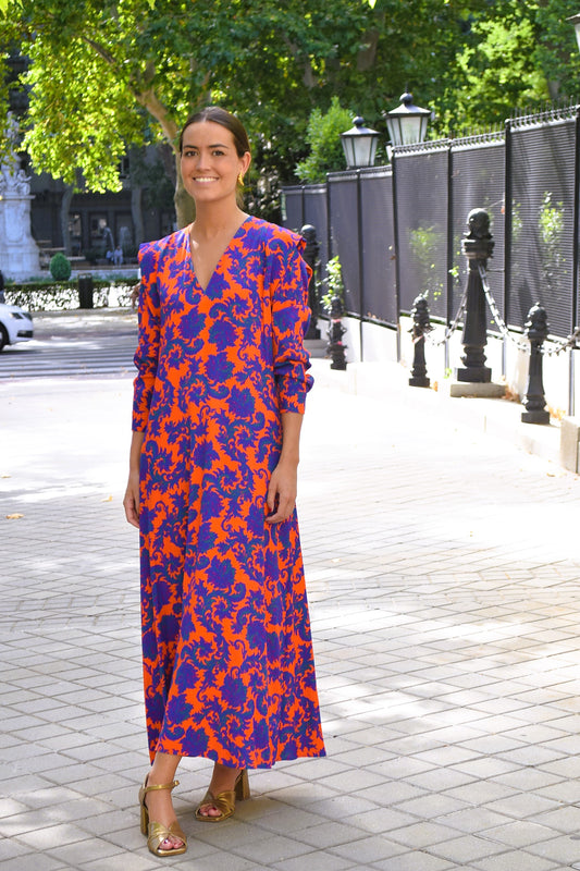 VESTIDO CARLOTA - NARANJA Y AZUL -